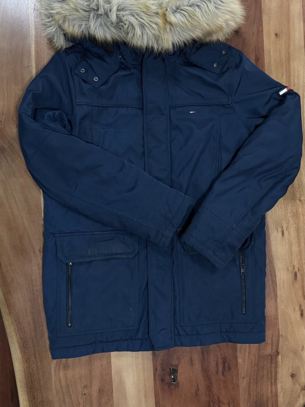 Tommy Hilfiger navy hooded parka – fur trim, size S